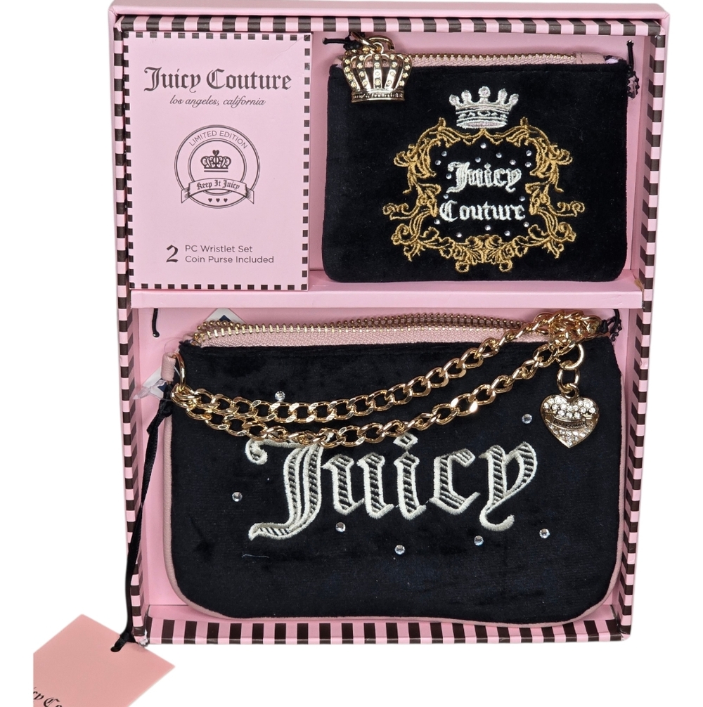 Juicy Couture Black Wristlet & Coin Purse Set Retro Regal Glam Bling Bag Vintage